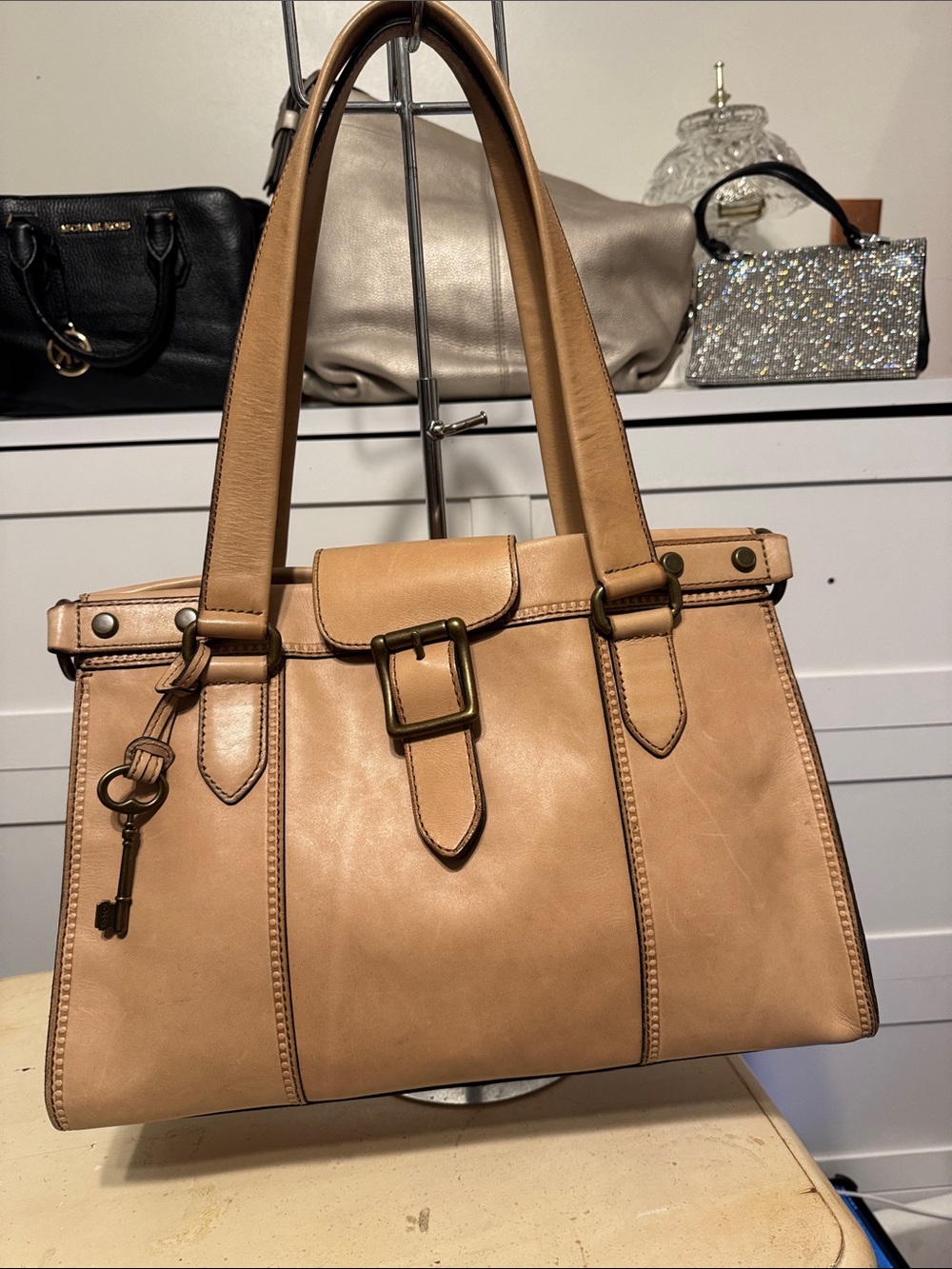 Fossil Tan Leather Vintage Revival Satchel with Key Charm
